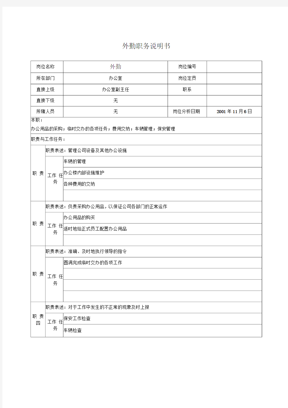 办公室外勤岗位描述