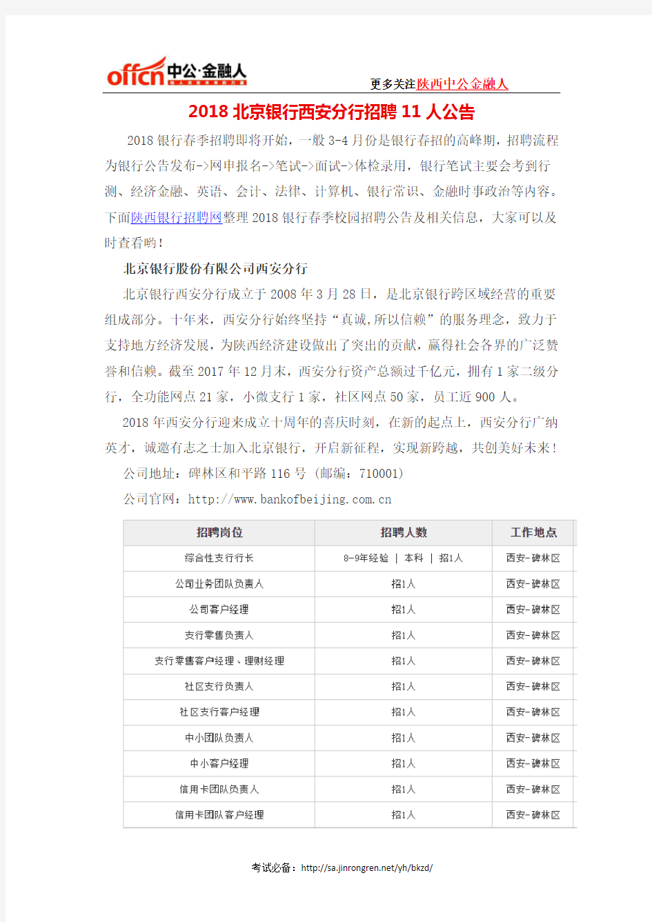 2018北京银行西安分行招聘11人公告