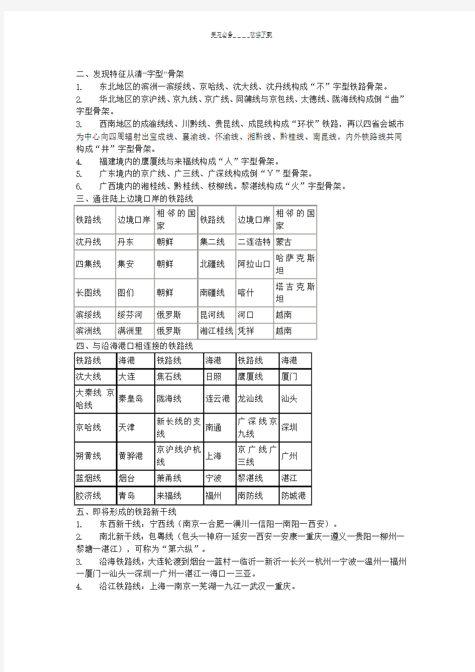 高中地理：中国铁路线专题复习材料