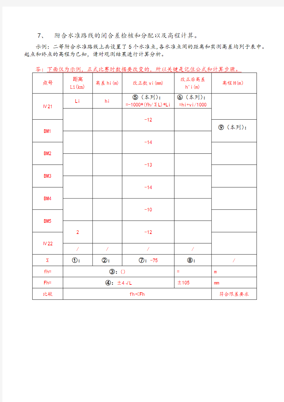 附合水准路线的闭合差检核和分配以及高程计算