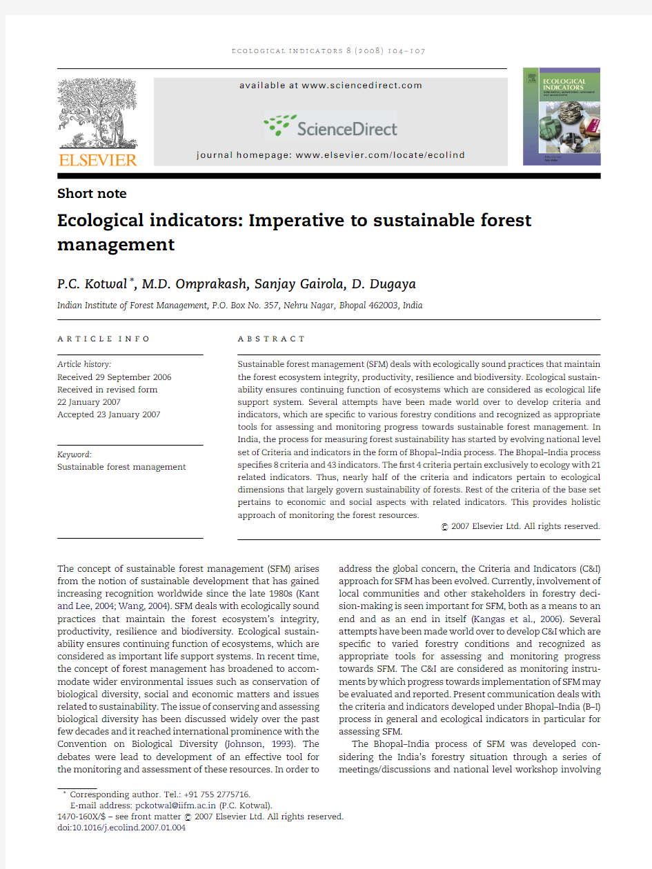 Ecological indicators：Imperative to sustainable forest management