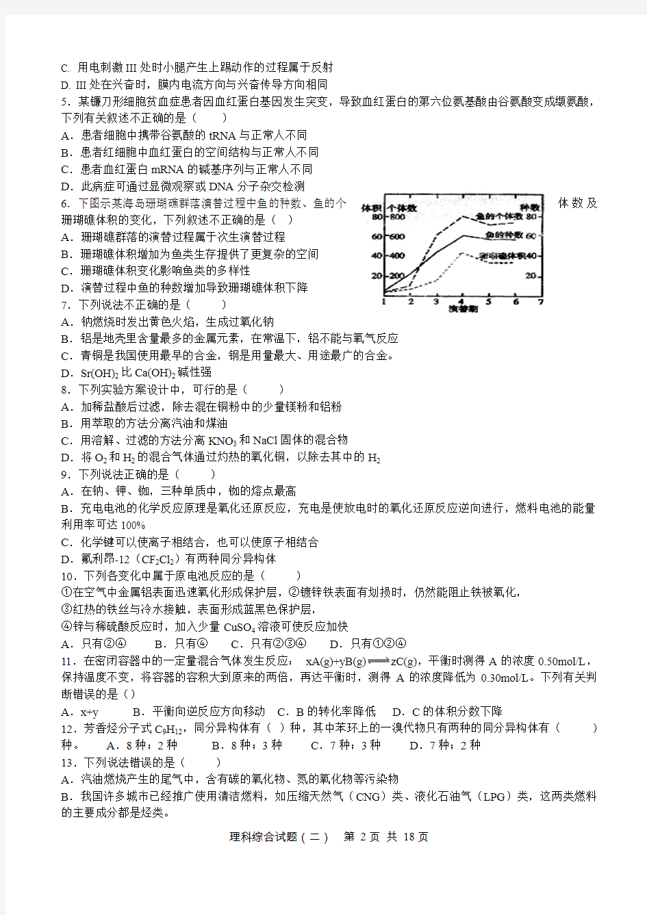 2014黑龙江省大庆实验中学高三高考模拟理综试题及答案