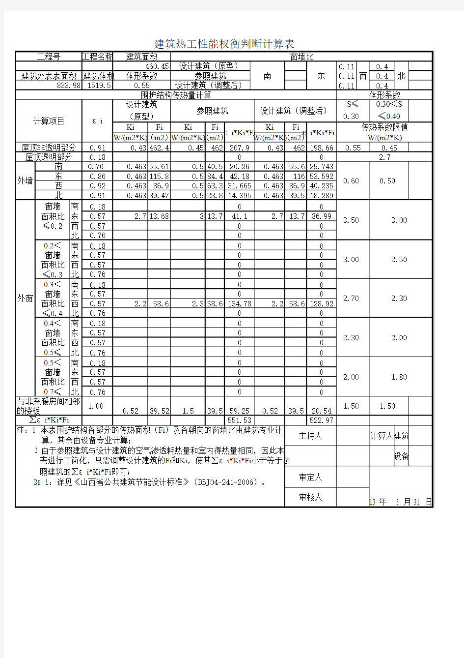 建筑热工性能权衡判断计算表