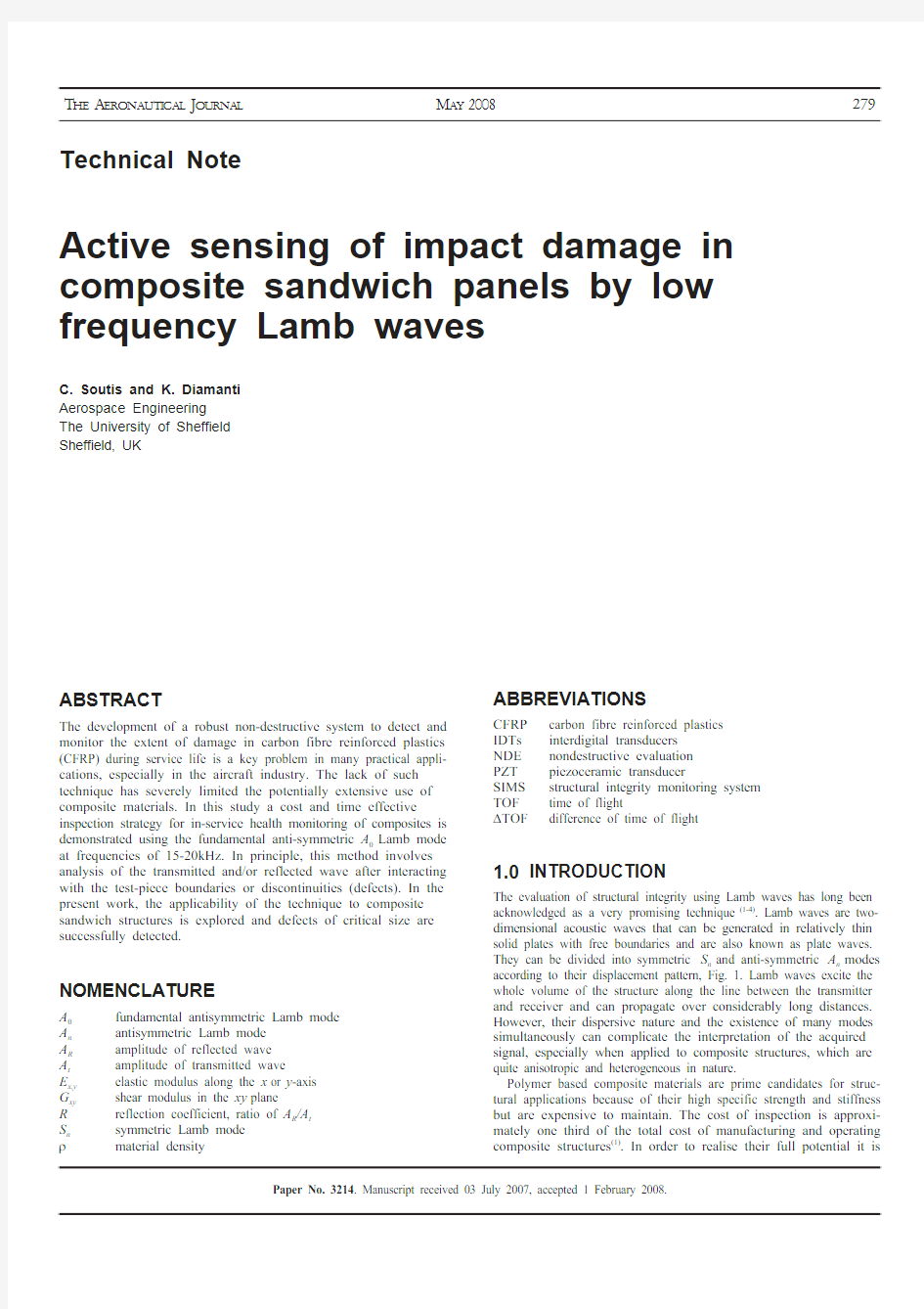 plugin-Active Sensing of Impact Damage in Composite Sandwich Panels by Low Frequency Lamb Waves