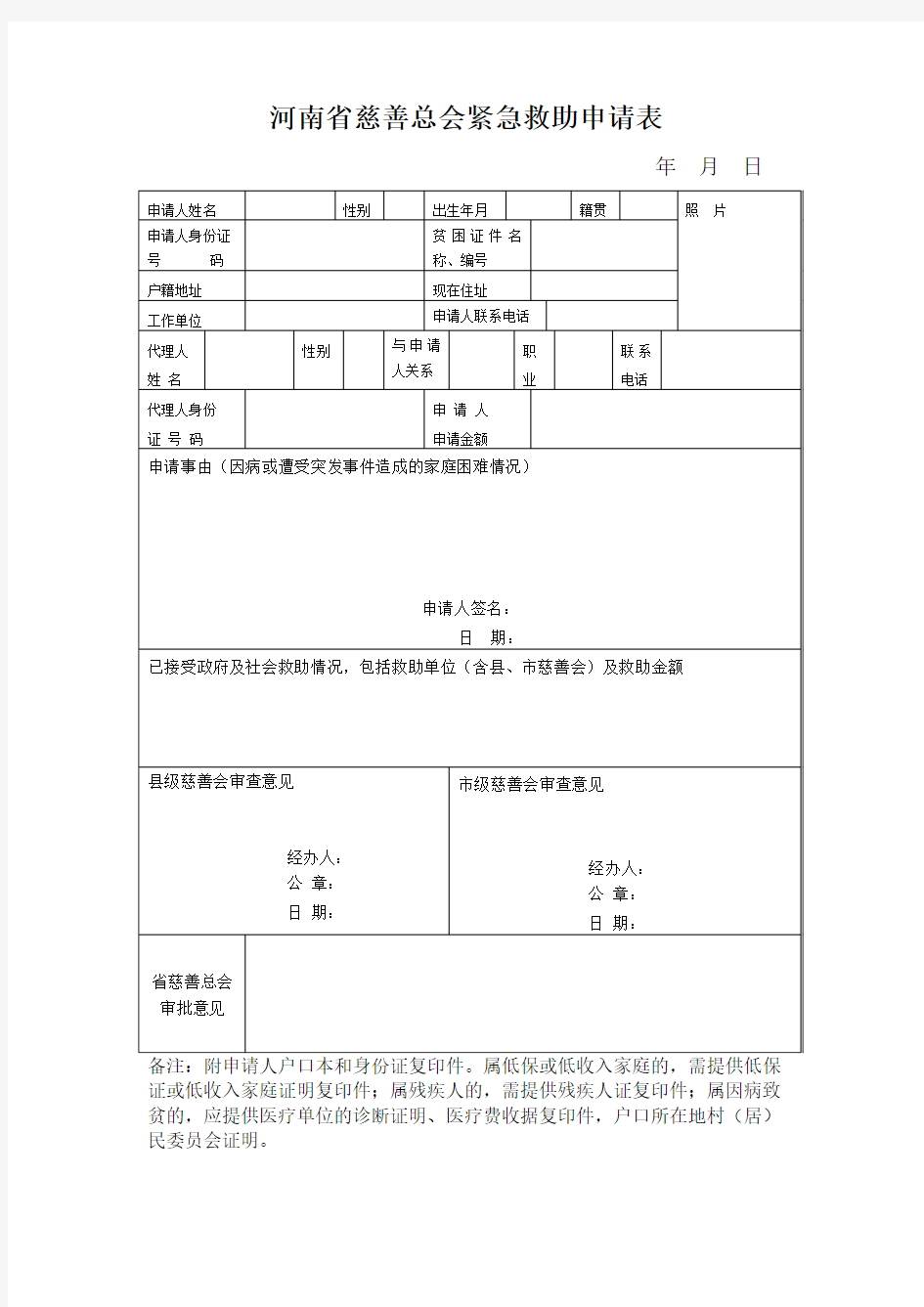 河南省慈善总会紧急救助申请表