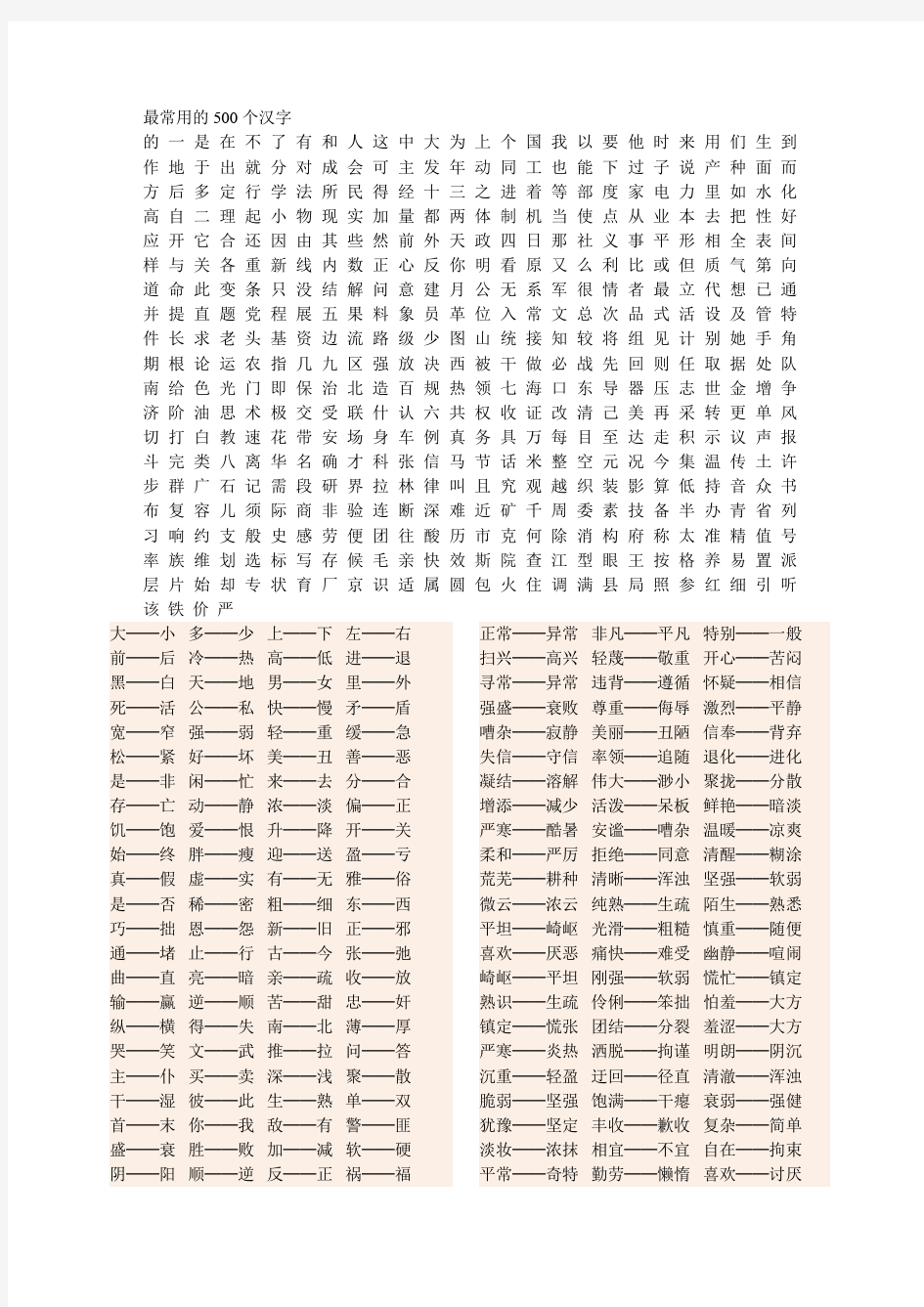 最常用的500个汉字