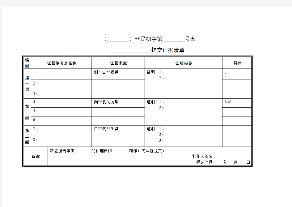 民事诉讼证据清单、目录范本