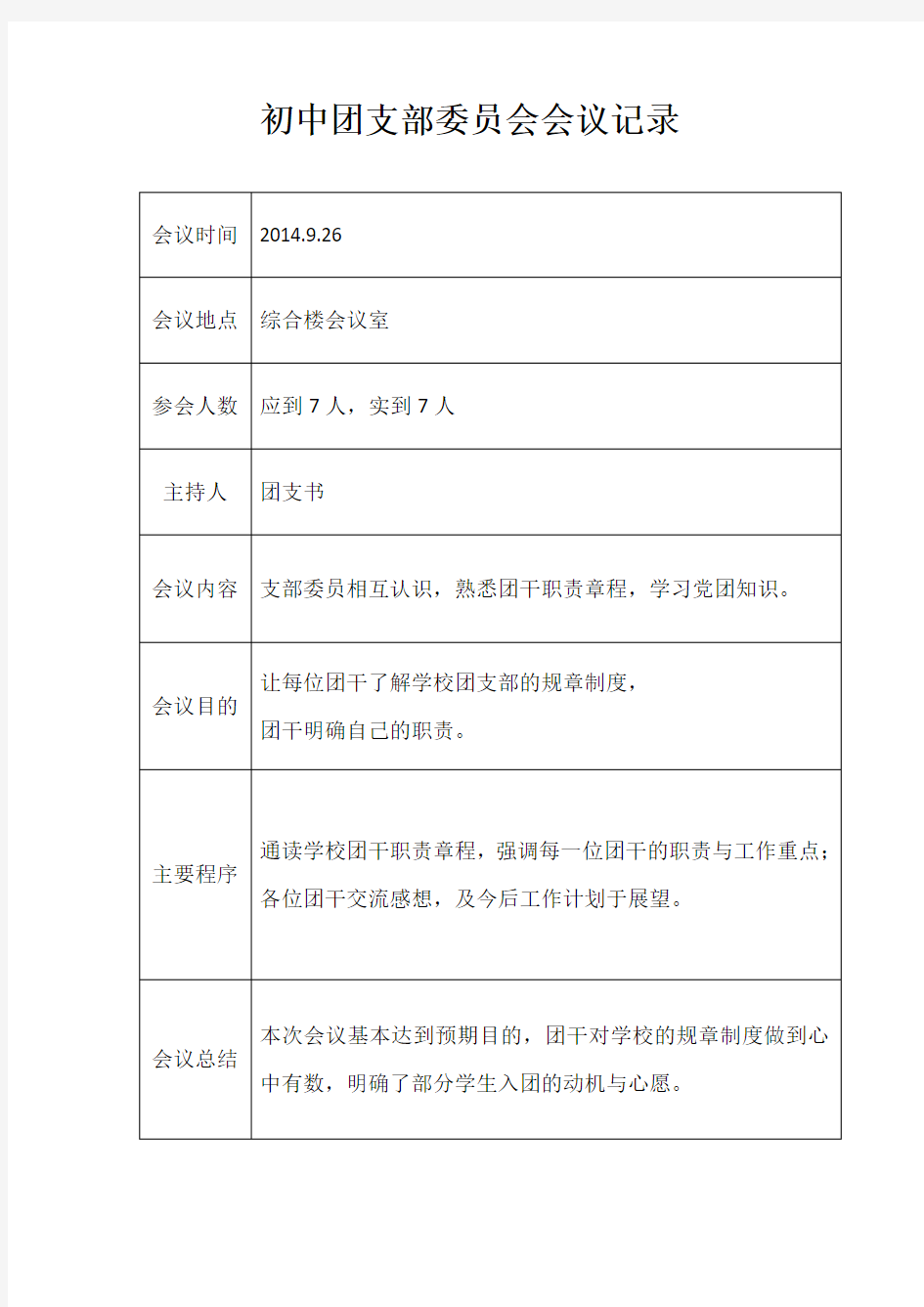 初中团支部委员会会议记录