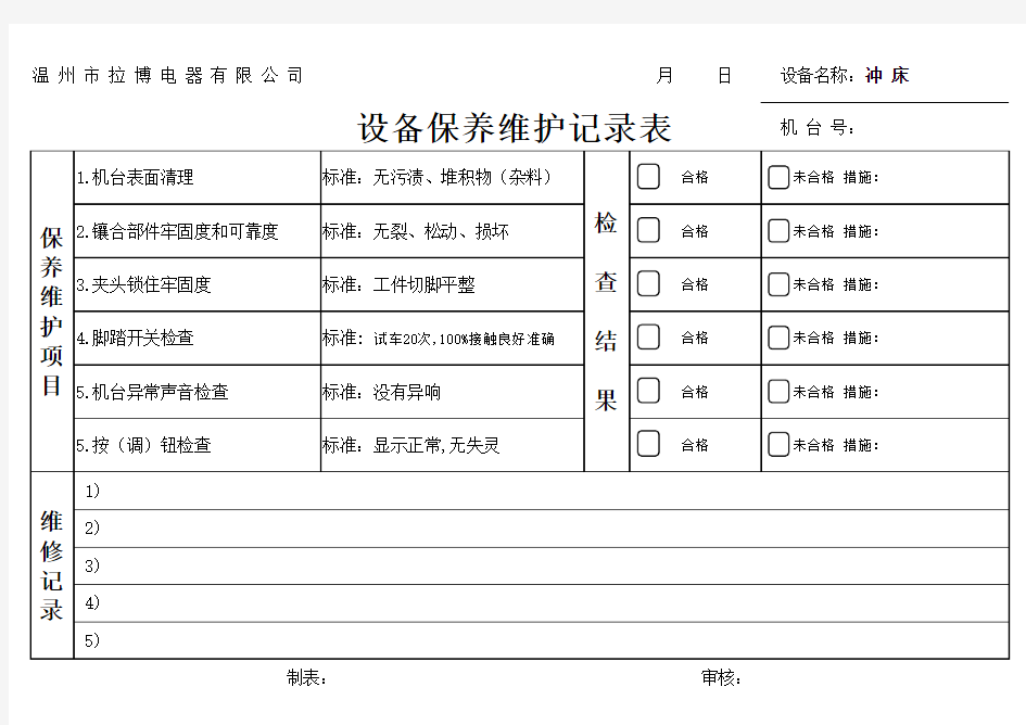 冲床保养维护记录表