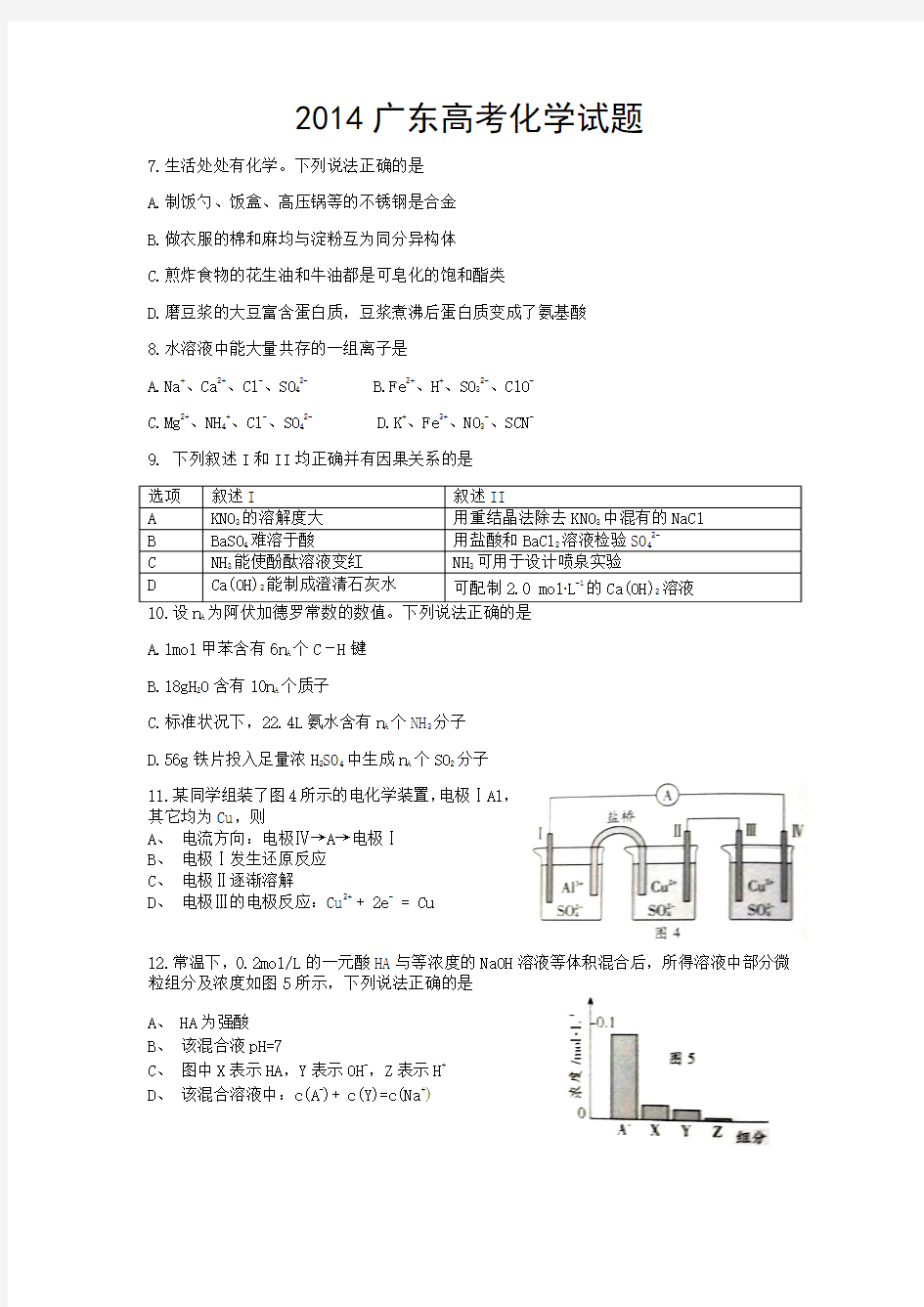 2014广东高考化学试题word版