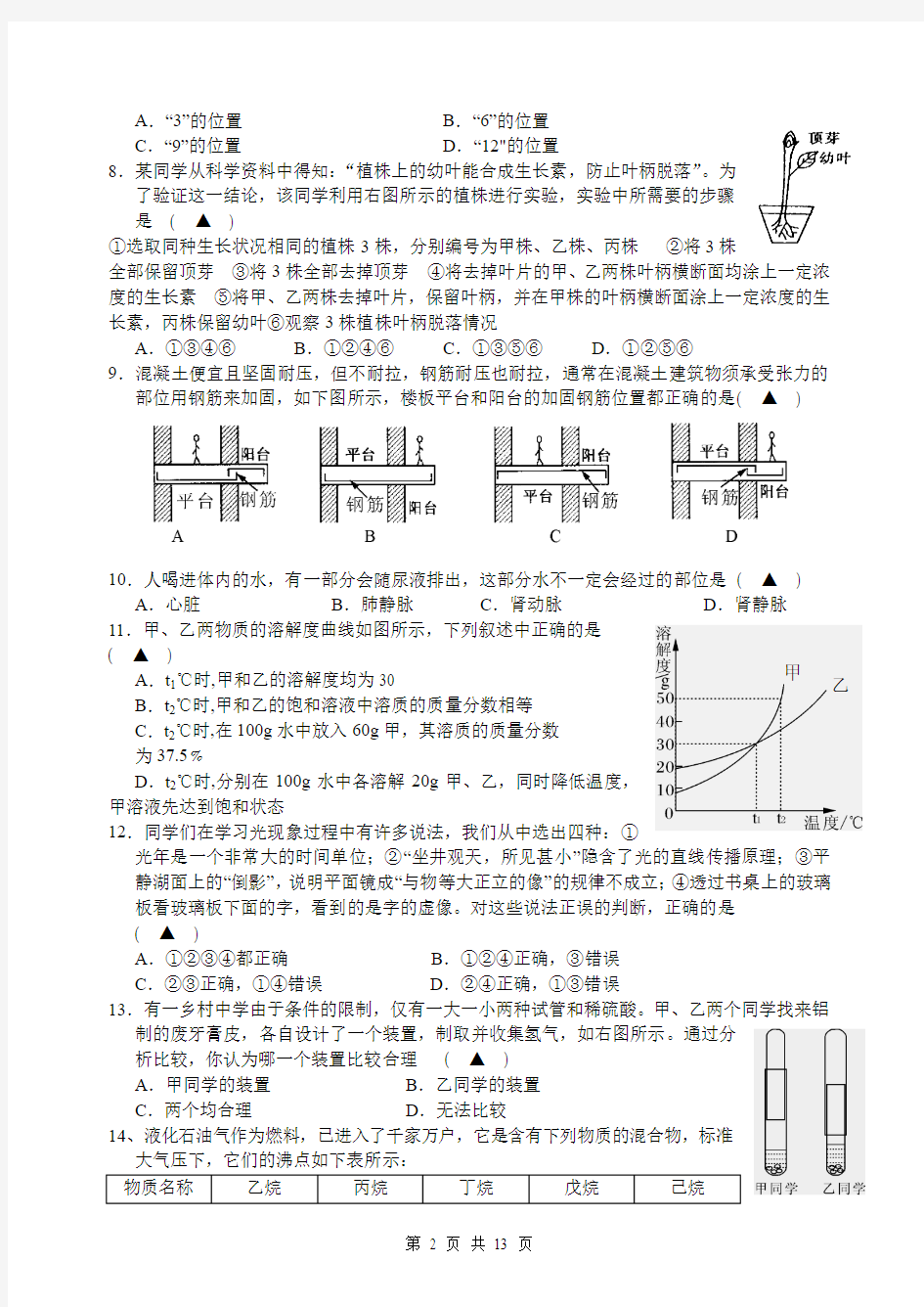 2014年富阳中学提前自主招生考试 科  学 模拟试卷(含答案)