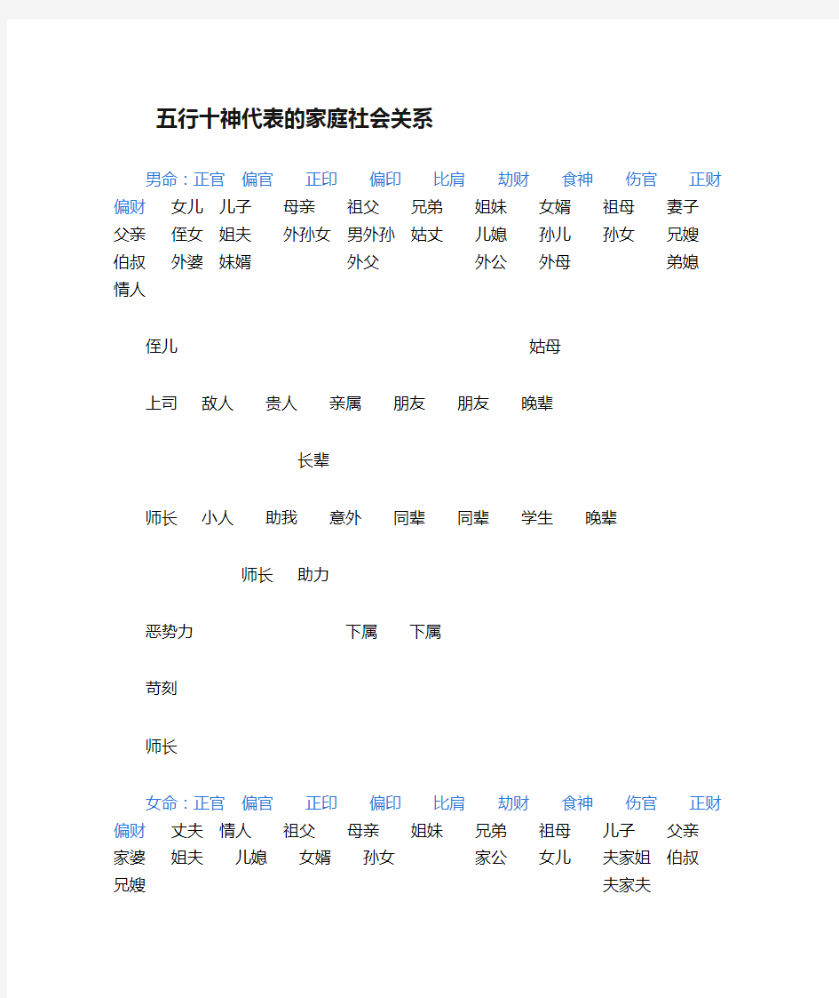 五行十神代表的家庭社会关系