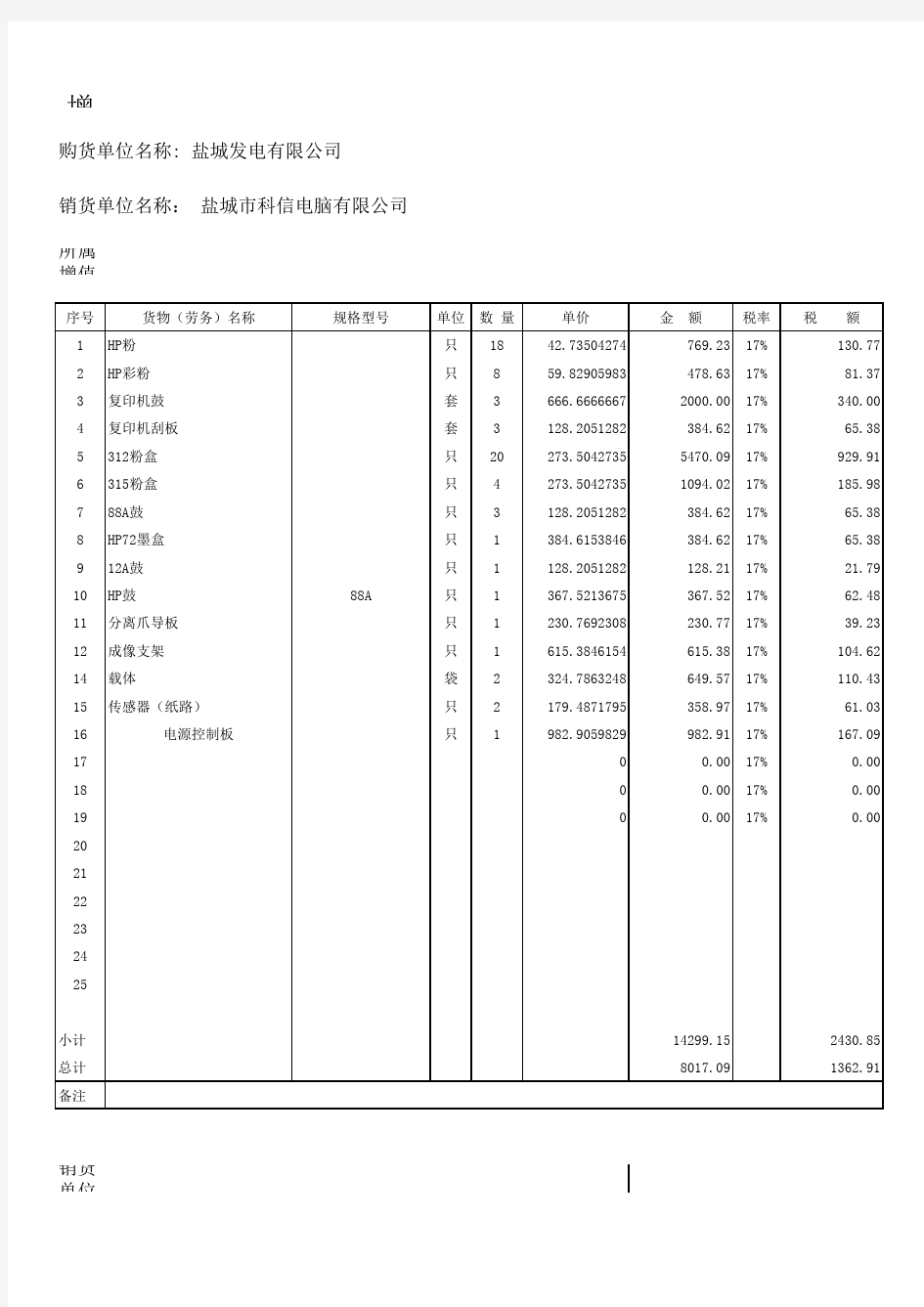 增值税清单模板