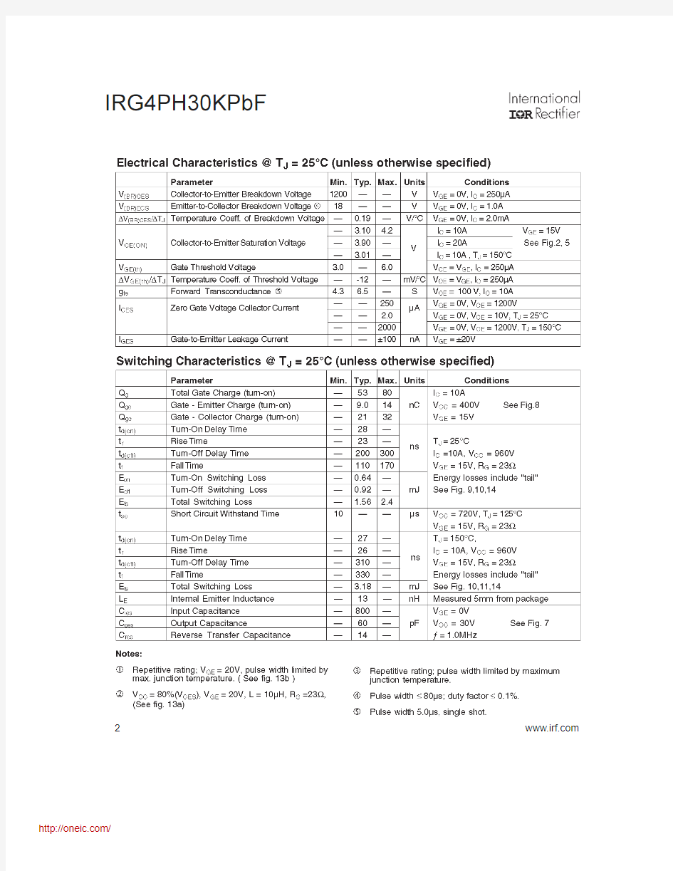 IRG4PH30KPBF;中文规格书,Datasheet资料