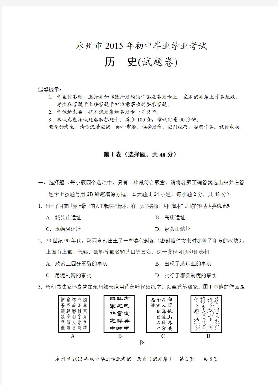 湖南省永州市2015年中考历史试卷及参考答案