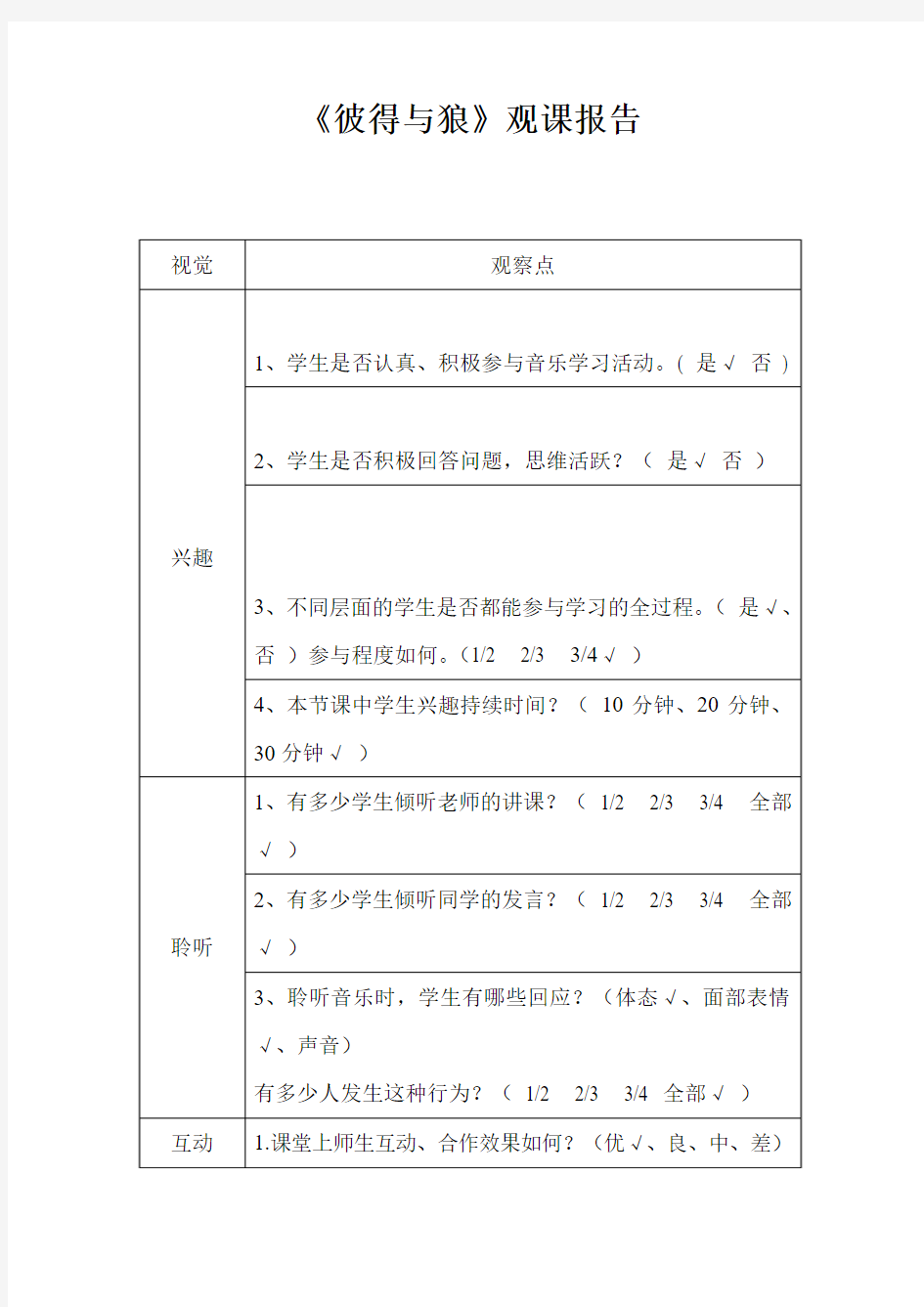 最新人教版小学音乐五年级上册《彼得与狼》《彼得与狼》观课报告