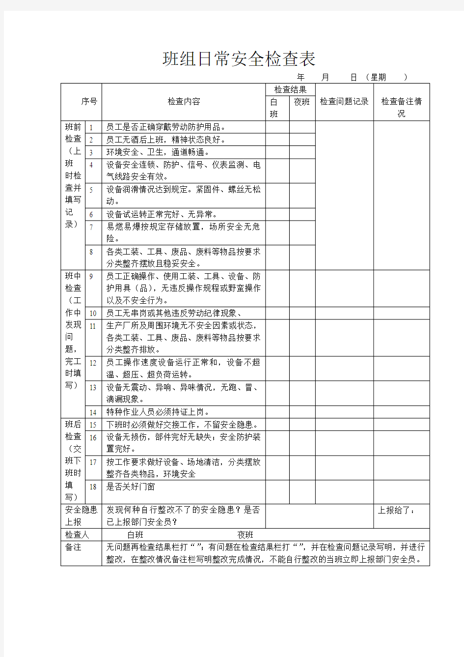 班组日常安全检查点检表