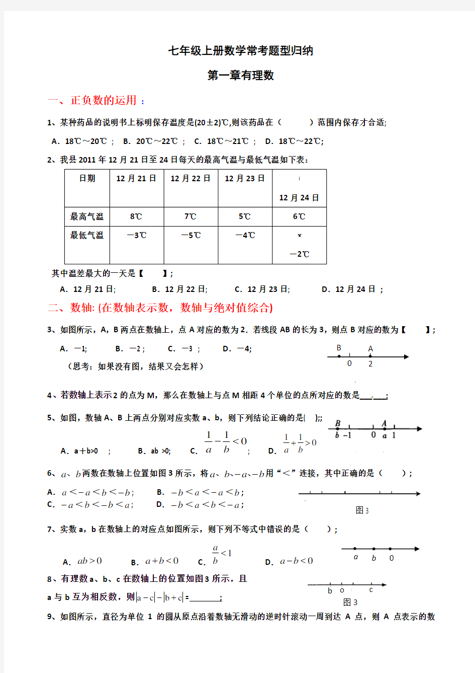 七年级上册数学常考题型归纳(期末复习用)