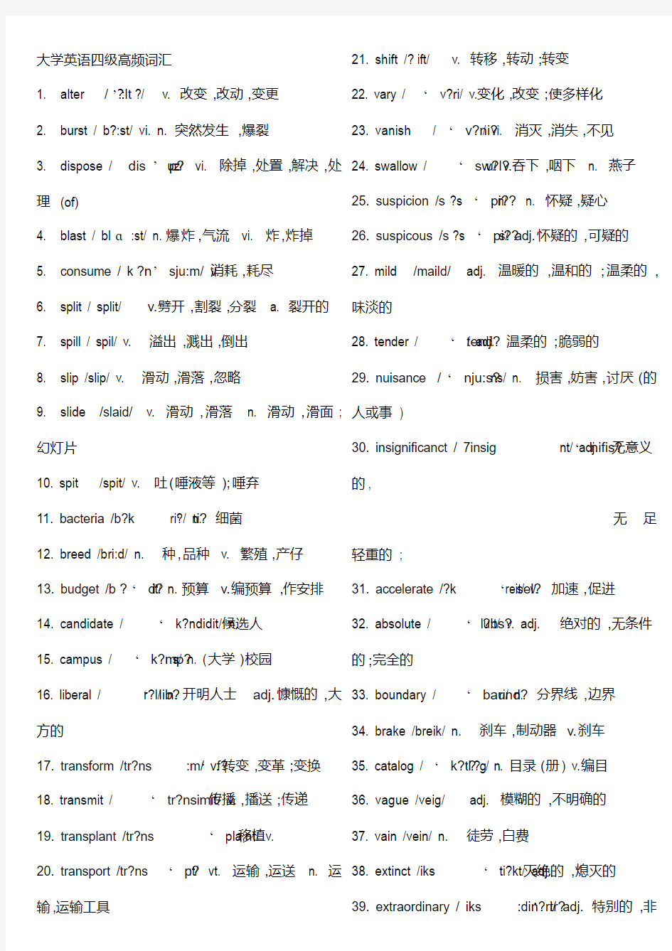 2020年精品年英语四级高频词汇(带音标)