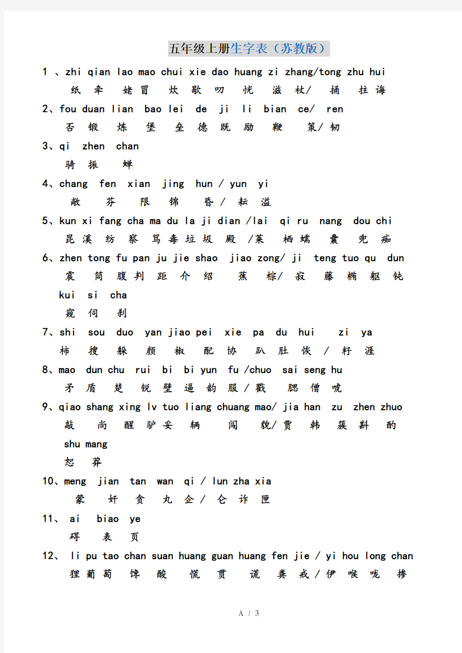 最新苏教版五年级语文上册生字表(带拼音)