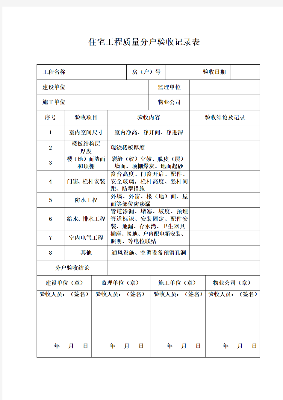 分户验收表格样本