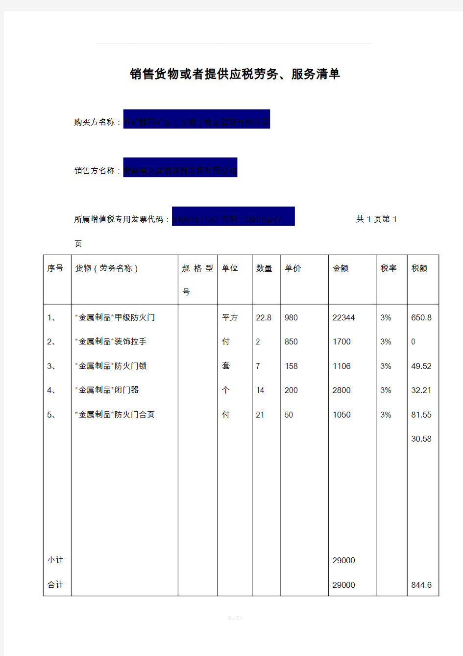 销售货物或者提供应税劳务清单