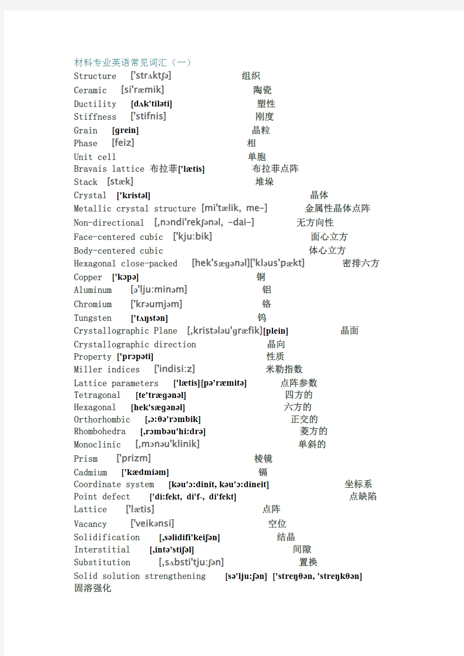 材料专业英语常见词汇(最新整理)