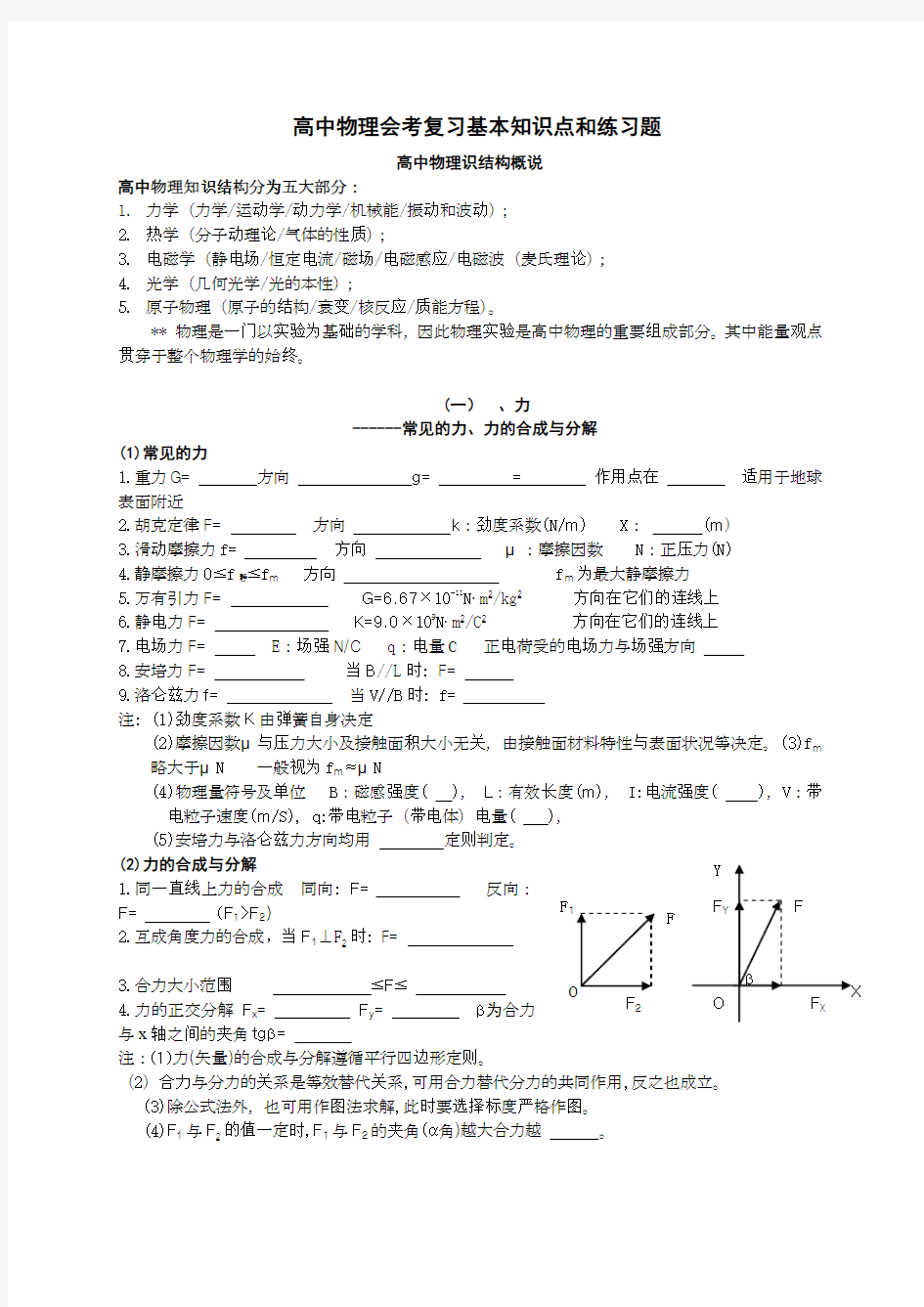 高中物理基本知识点复习和配套练习册(共45页也可作高三第一轮复习用)