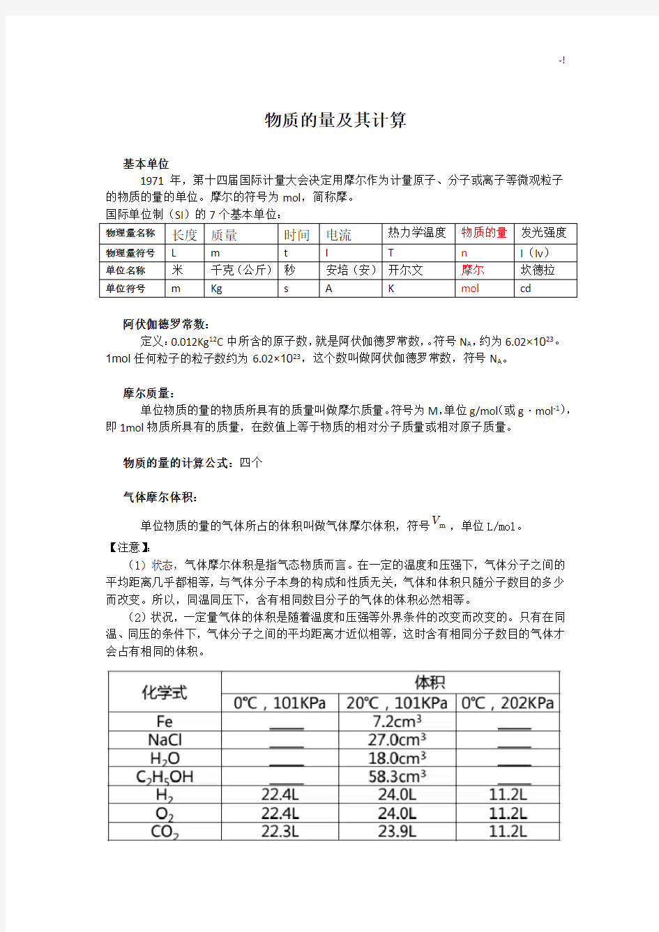 物质的量及其计算