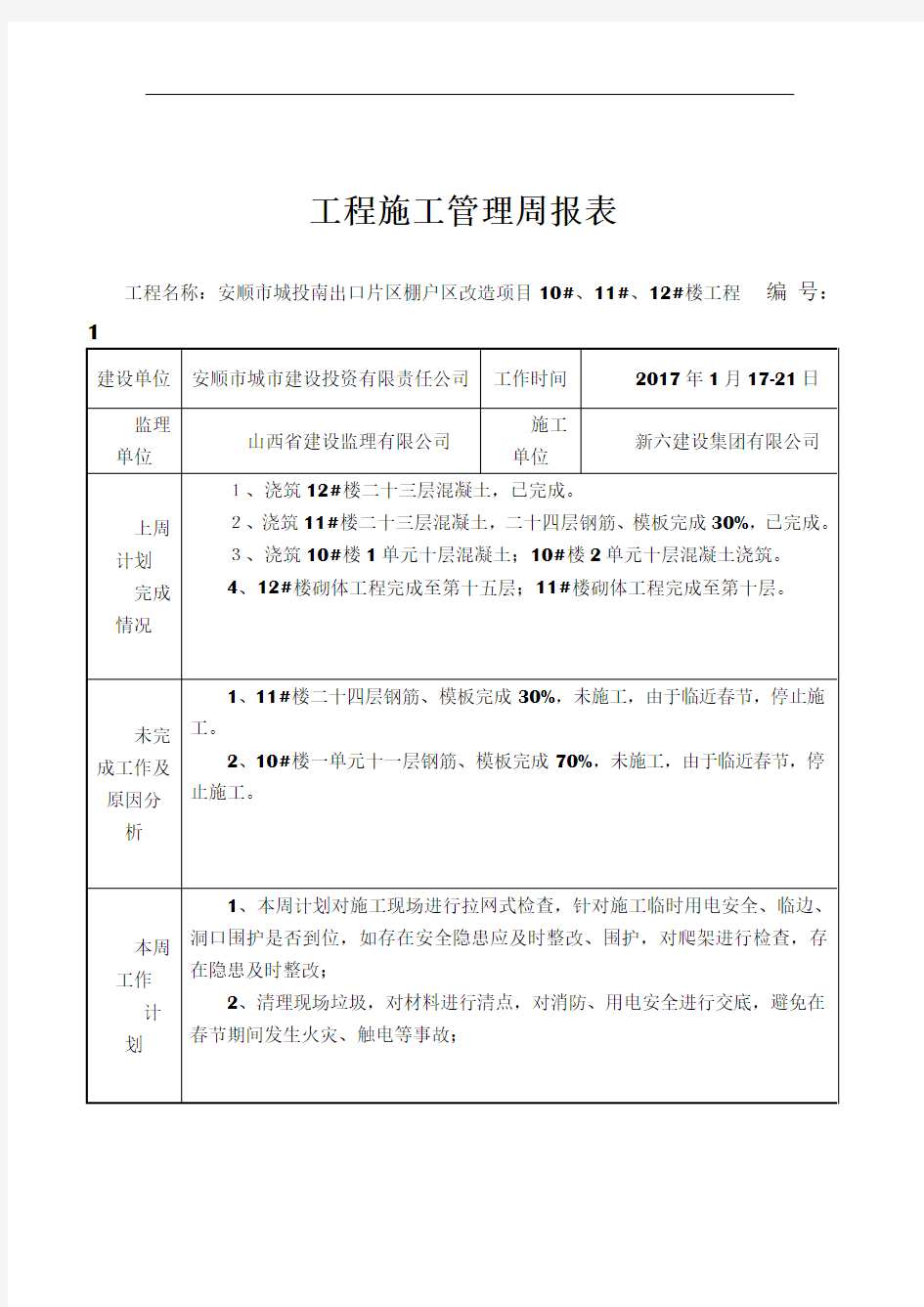 工程施工周报表