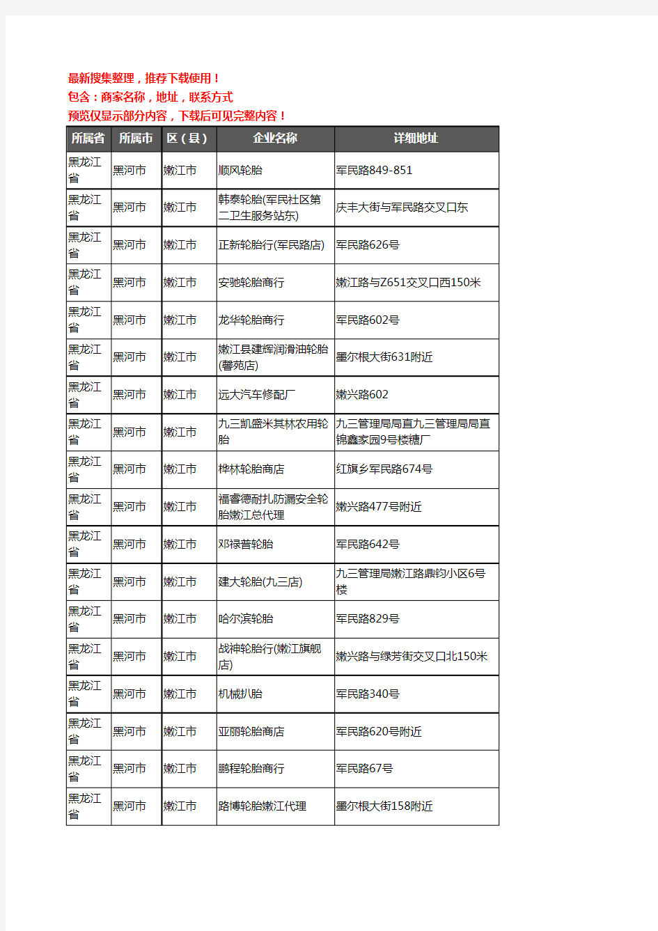 新版黑龙江省黑河市嫩江市汽车轮胎企业公司商家户名录单联系方式地址大全29家