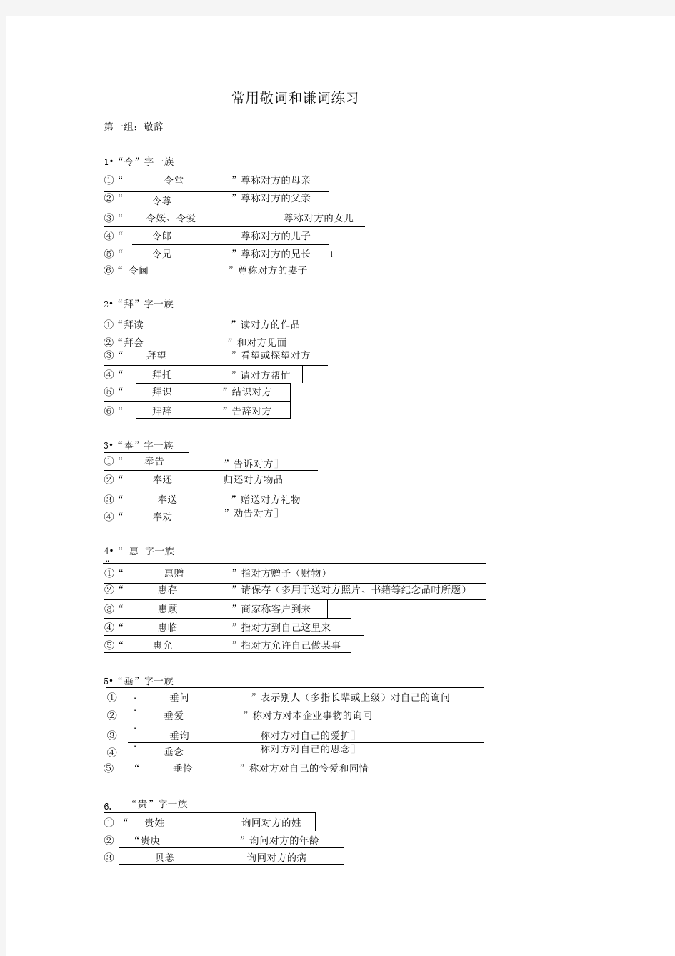 常用敬词和谦词教师版