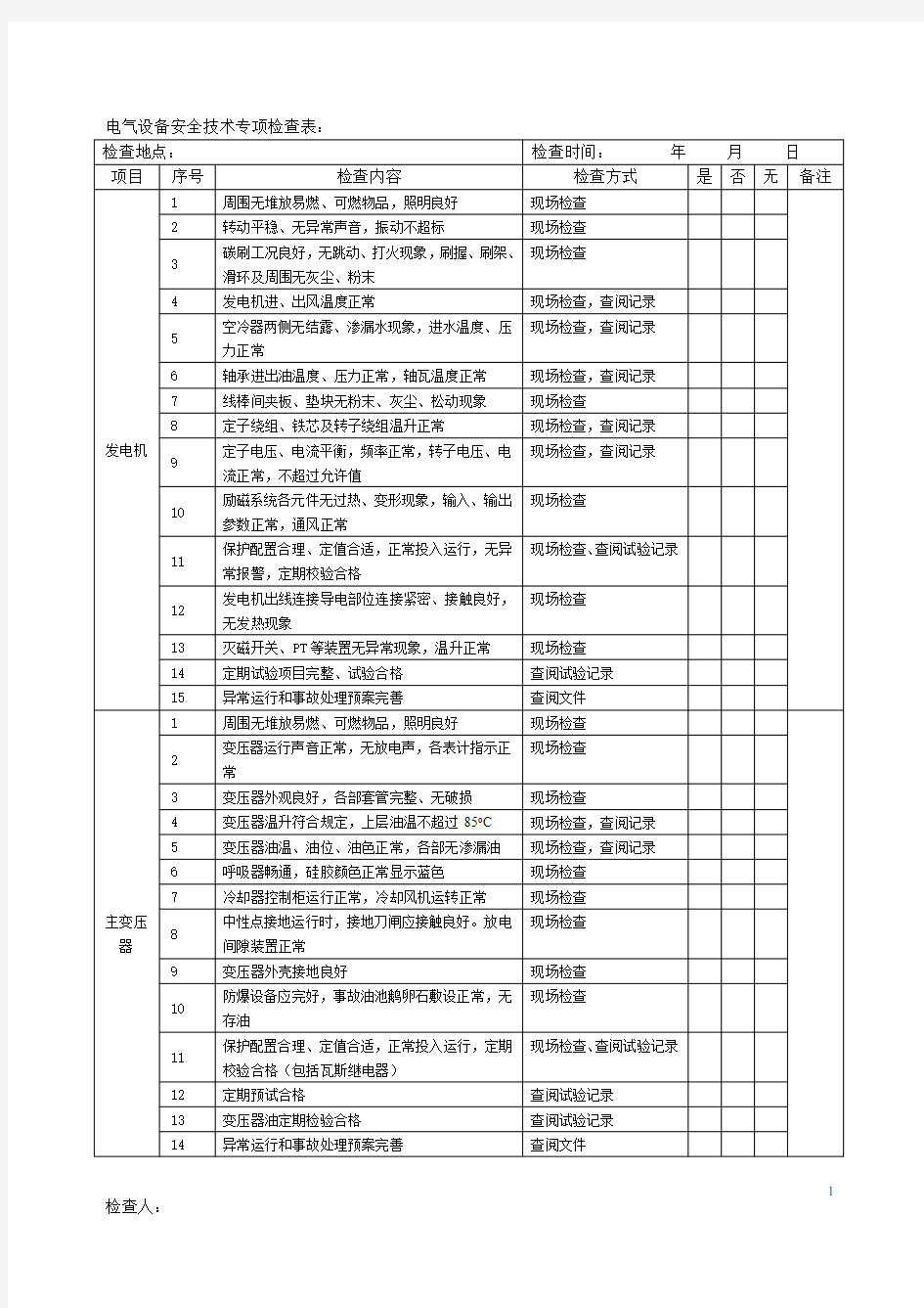 电气设备安全技术专项检查表