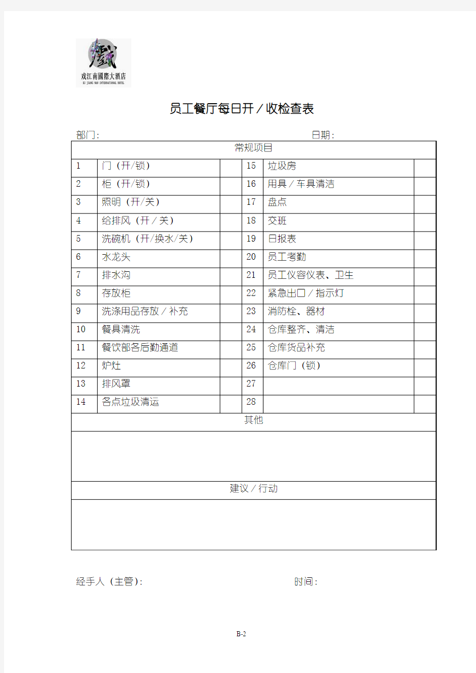 员工餐厅每日开／收检查表