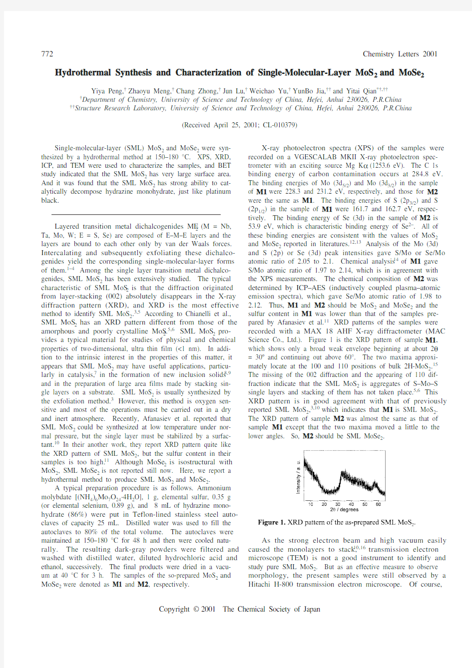 Hydrothermal Synthesis and Characterization of Single-Molecular-Layer MoS2 and MoSe2