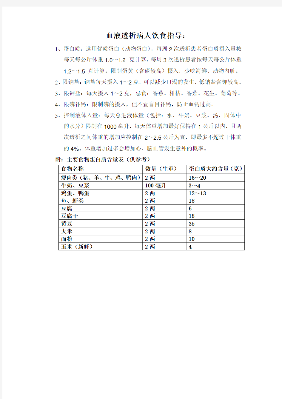 血液透析病人饮食指导