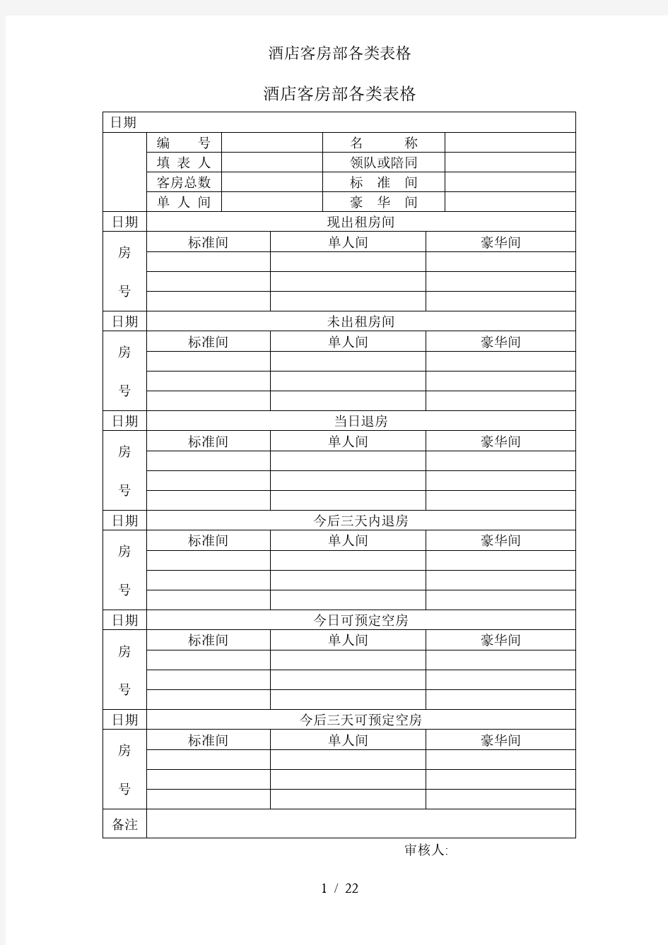 酒店客房部各类表格