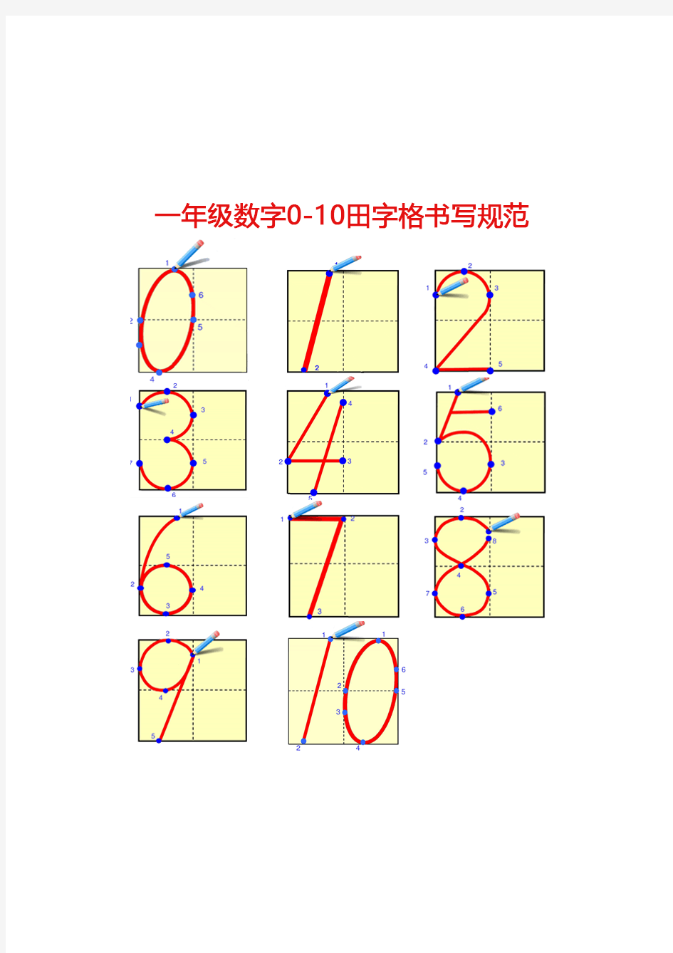 一年级数字0-10田字格书写规范