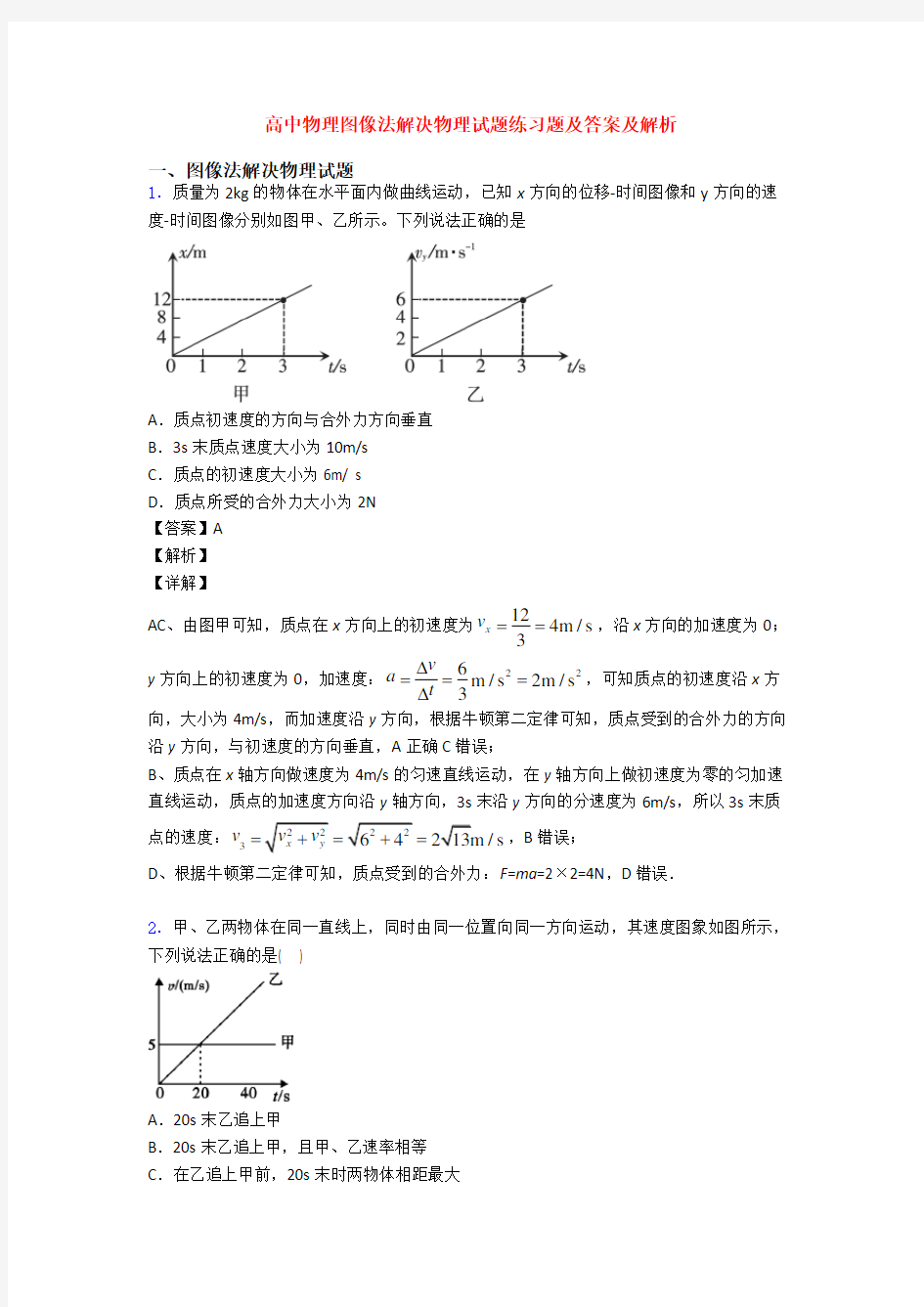 高中物理图像法解决物理试题练习题及答案及解析