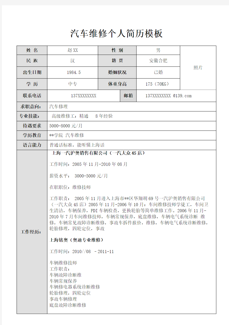 汽车维修个人简历模板【模板】