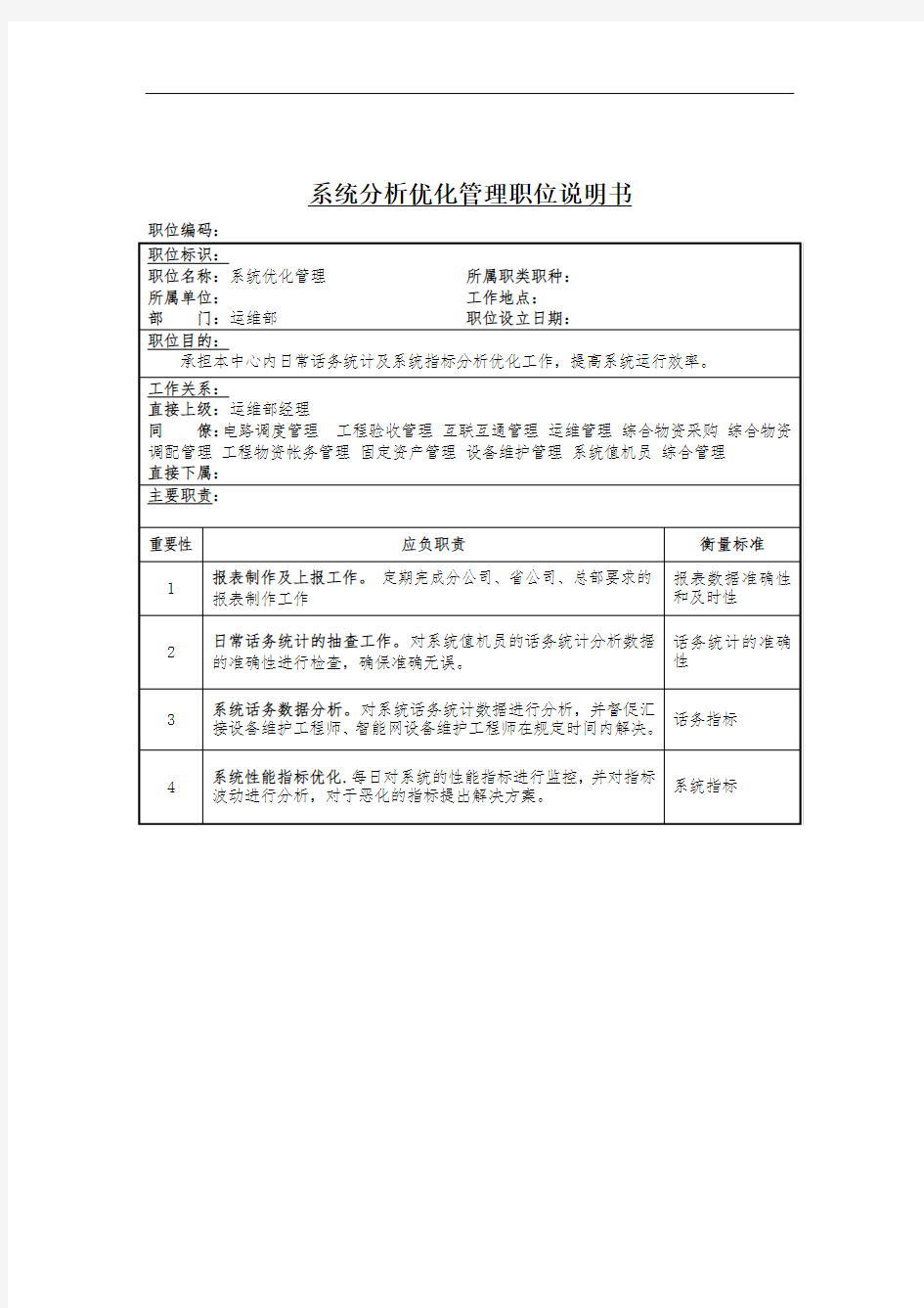 系统分析优化工程师岗位说明书