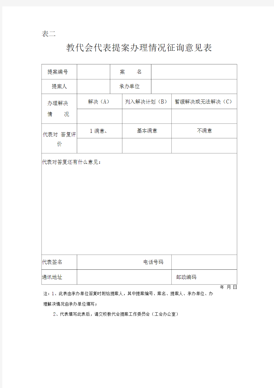 代会代表提案办理情况征询意见表(样表)