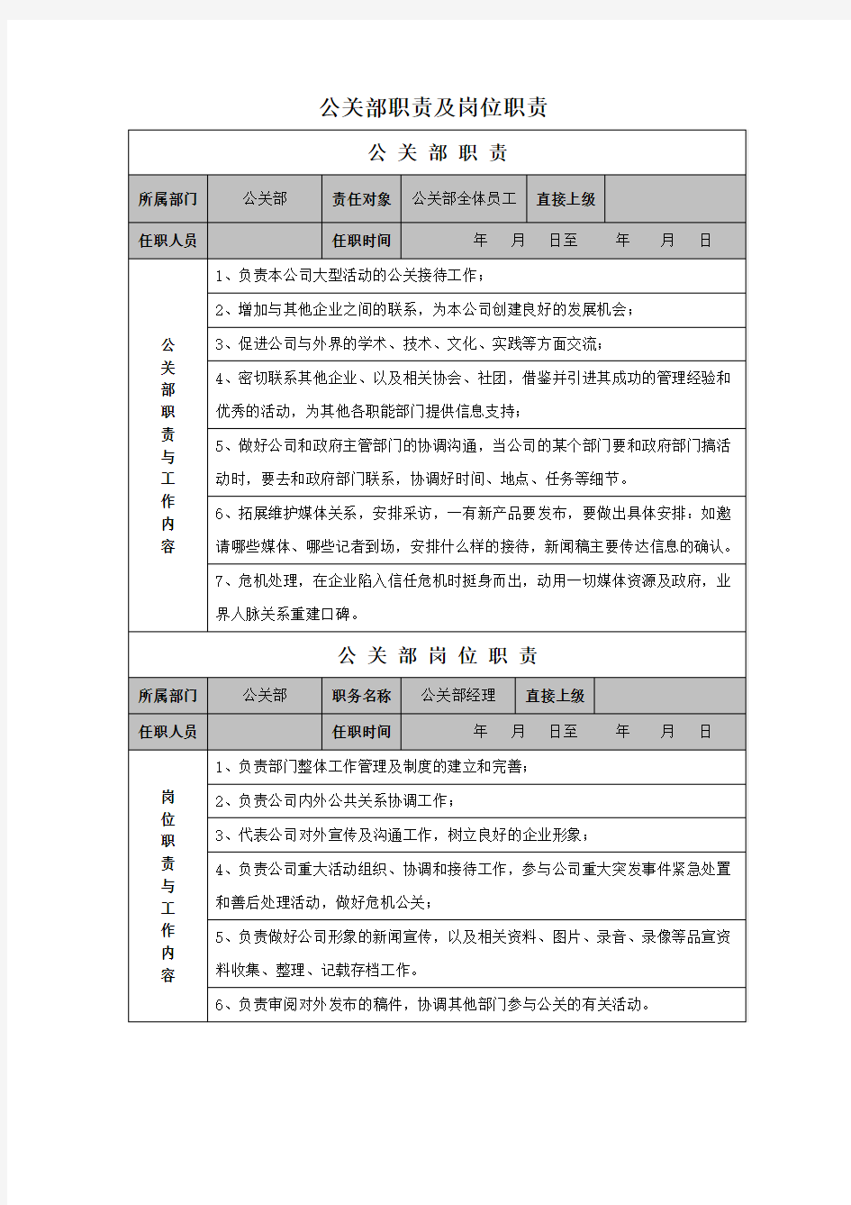 公关部职责及岗位职责