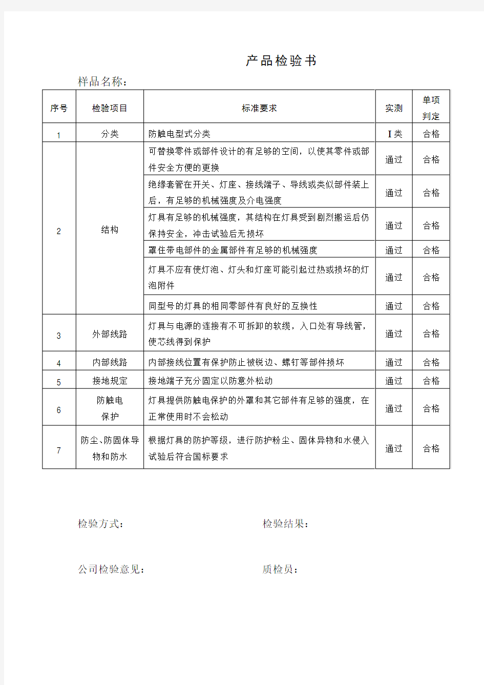 产品检验书及合格证