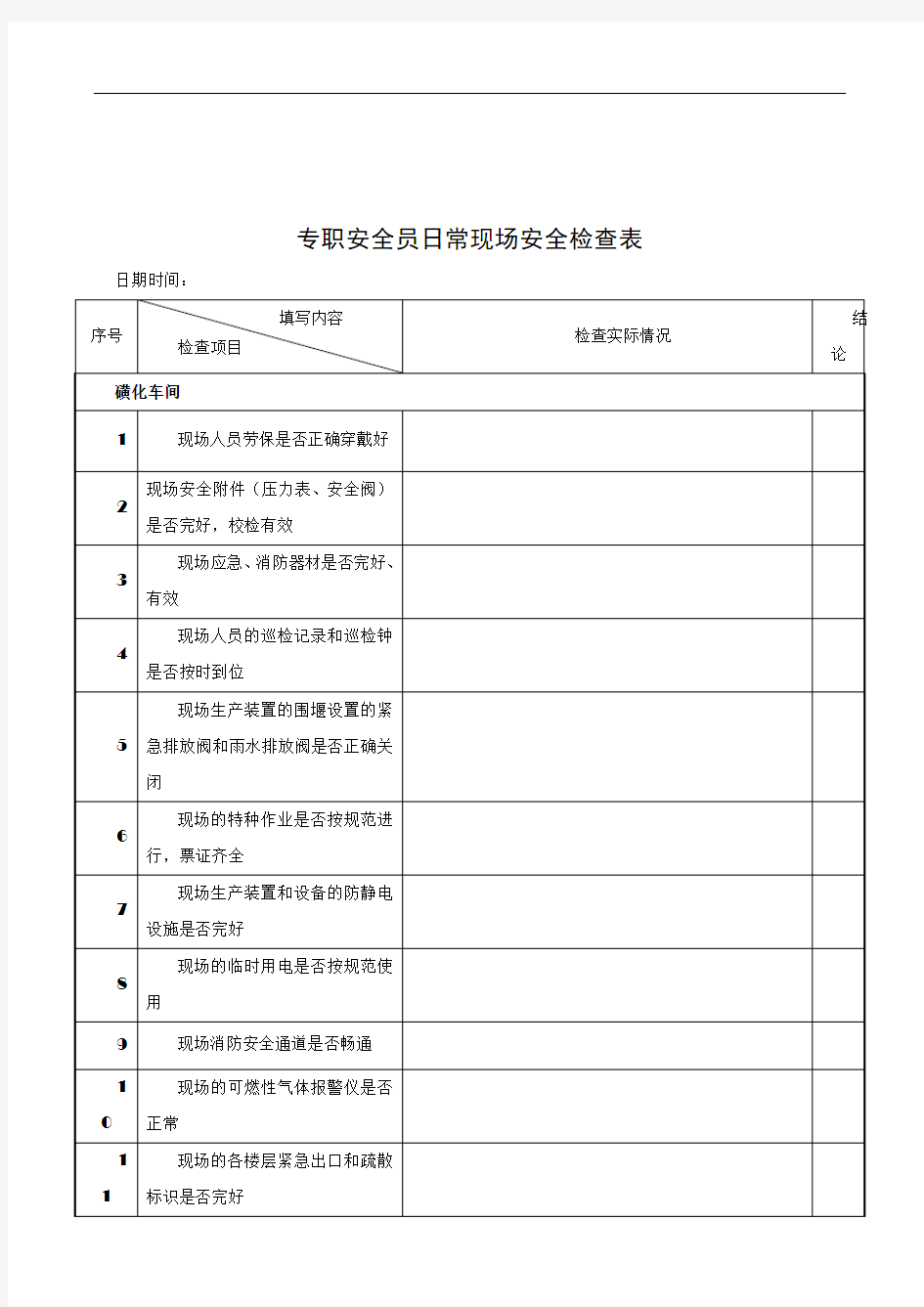 专职安全员日常检查表