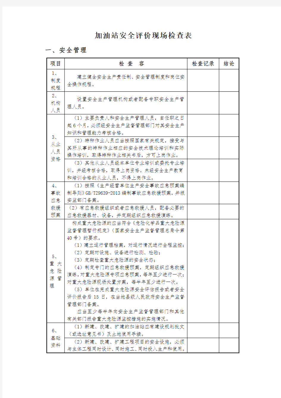 加油站安全评价现场检查表