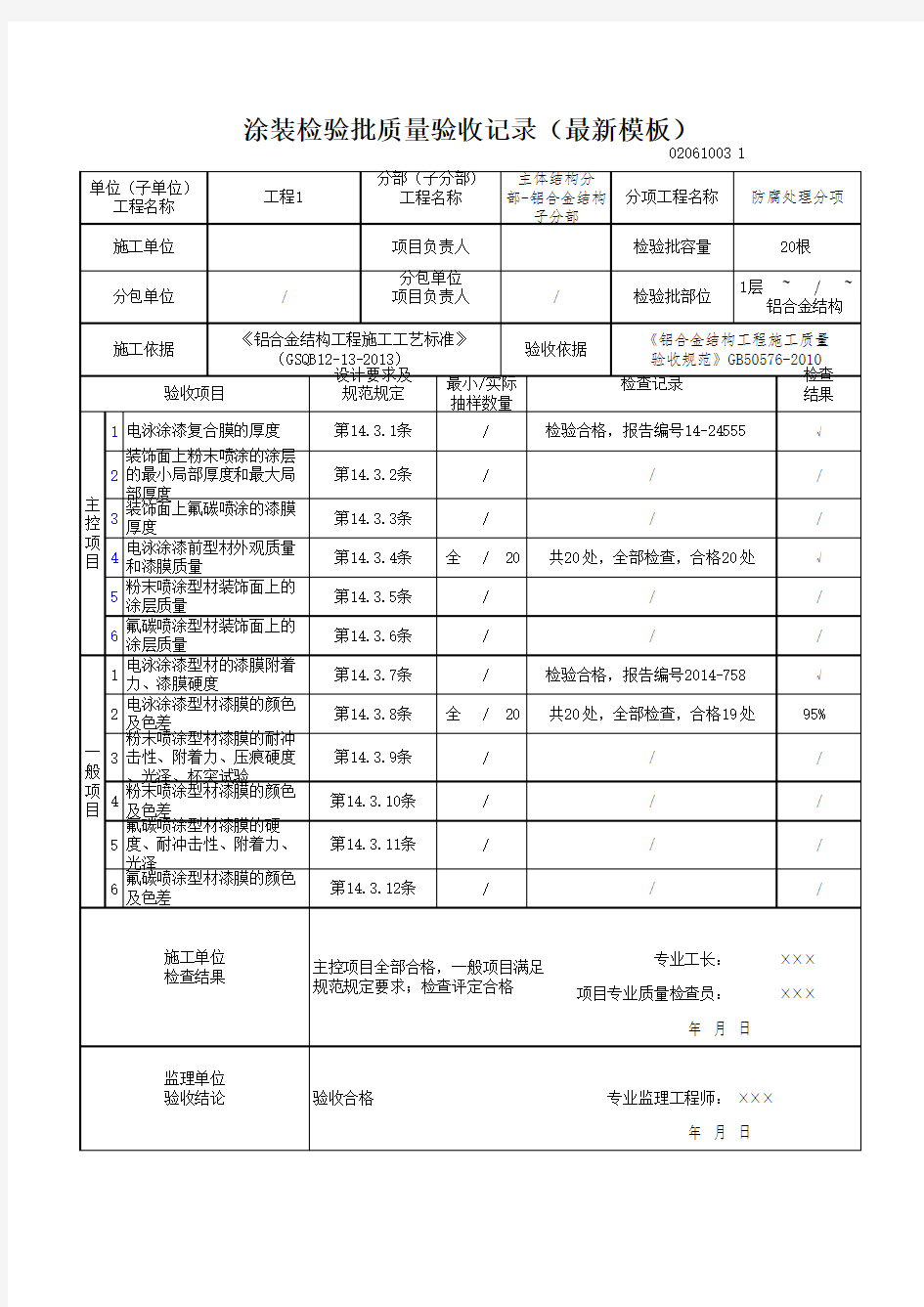 涂装检验批质量验收记录(最新模板)