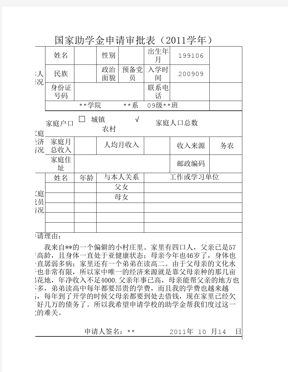 国家助学金申请审批表 填写样表