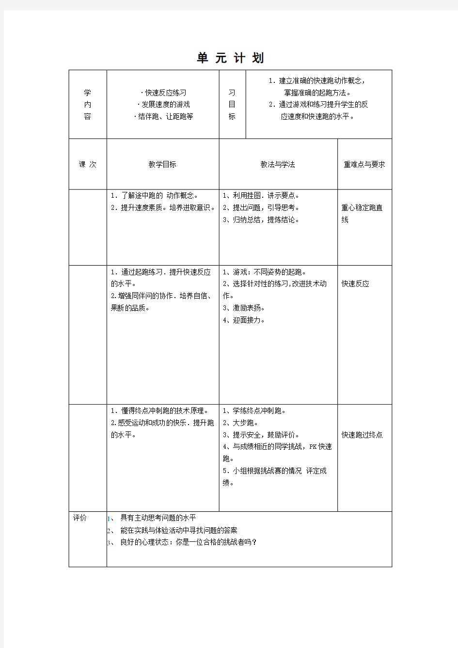 单元教学计划快速跑