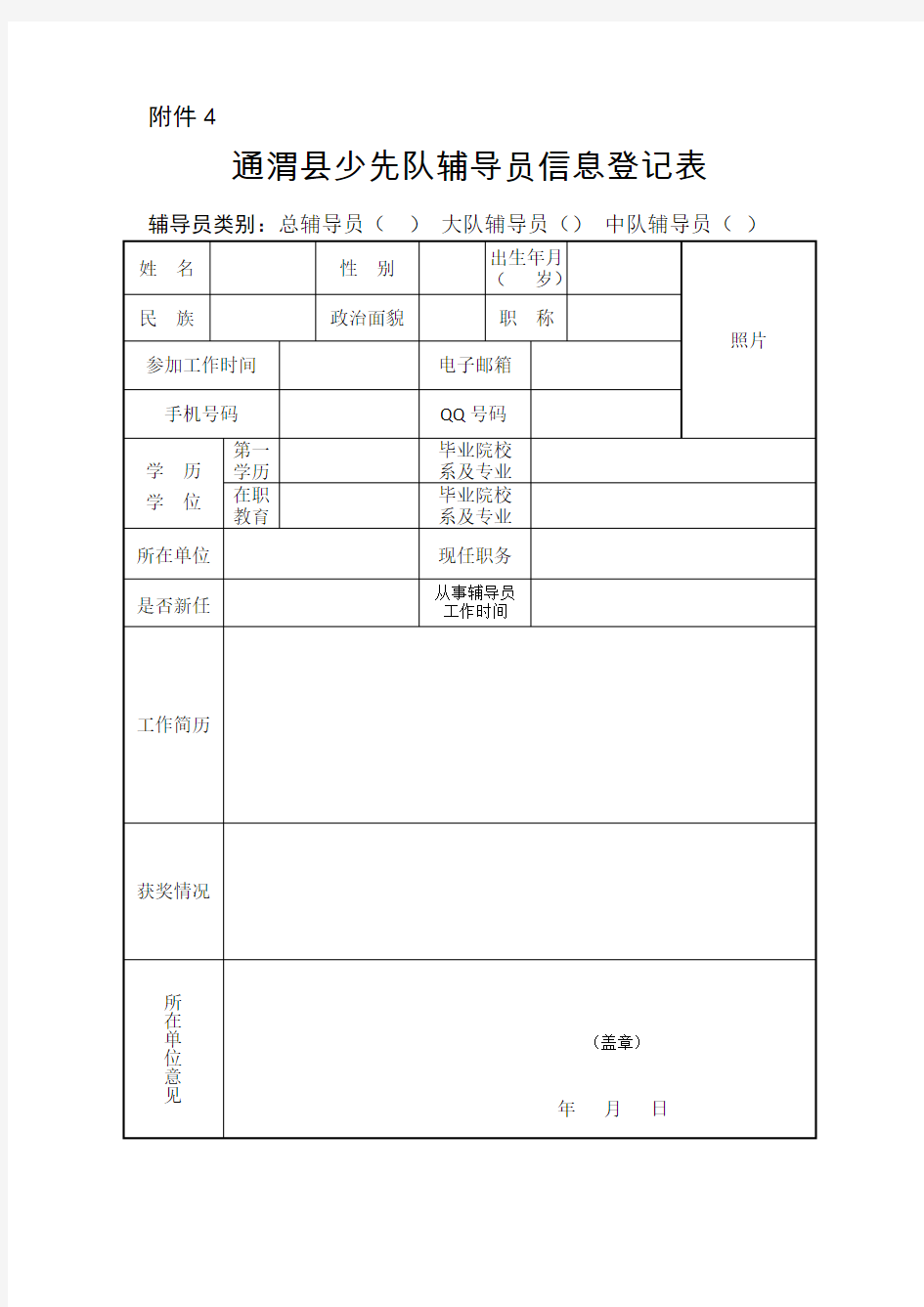 少先队辅导员登记表